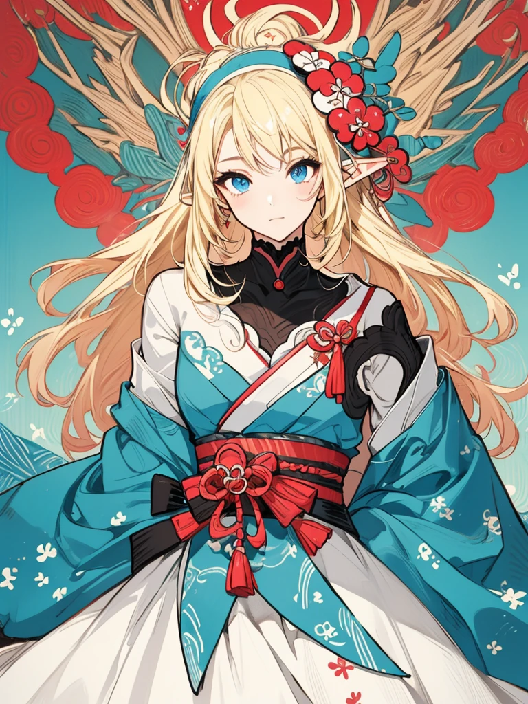 masterpiece, best quality, 1girl, ultra detailed, ultra highres, well-definded facial features, anatomically correct, cute girl, long pointy ears, elf, nice face, blonde hair, blue eyes,(full body), peace-sign, Ukiyo-e,