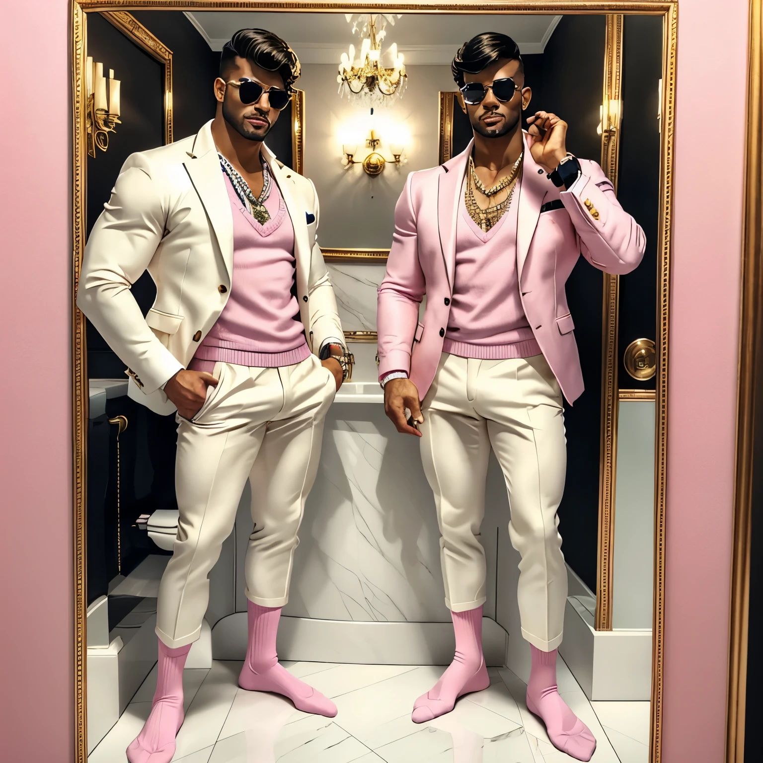 2 two arogant rich fashion preppy white european men in black dapper jackets, in their pink luxury socks, wearing golden rings, diamond rings, golden necklaces, sunglasses, diamond watch, fashion haircuts, looking at themselves in a mirror, in a luxurious classic, pulling up their pink socks, showing off their pink socked feet bathroom 