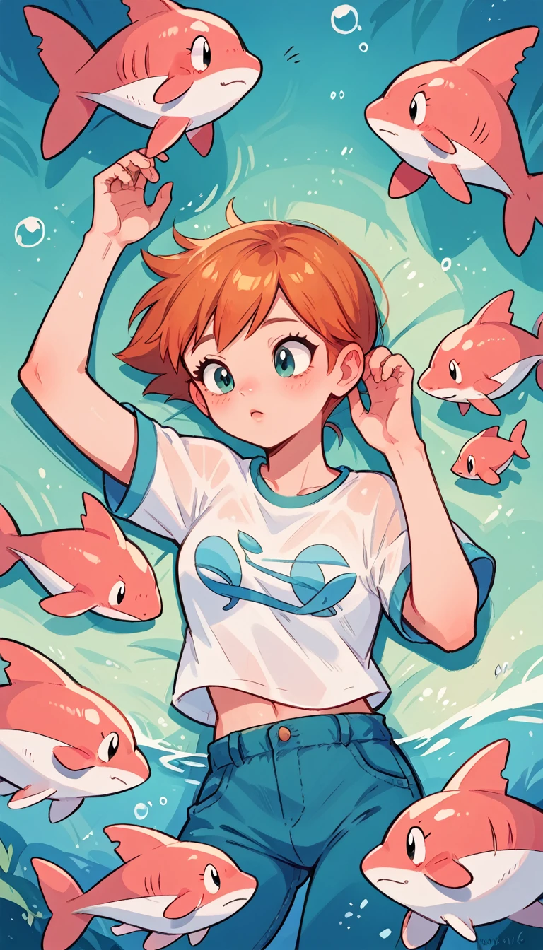 Character pokemon, 1 girl , Misty , cute ,blue , daydreaming, dolphins, whales, fish swimming over your head