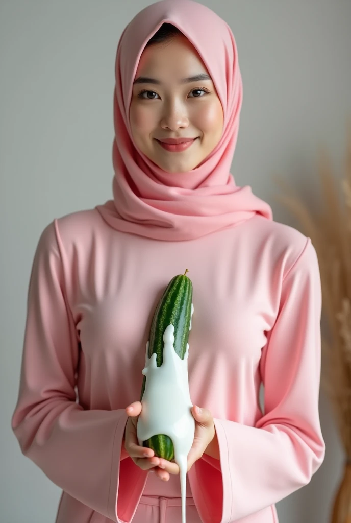 Malay hijab girl try to fit a big cucumber in her mouth while being drenched in white fluid all over her face and big chest 