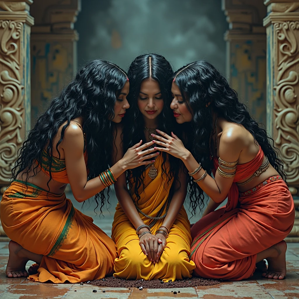 An unusual yet intriguing scene set within the sacred precincts of an ancient Indian Kali temple. Three young Indian ladies, adorned in vibrant, traditional sarees, stand out against the dark, mystical backdrop. Their unnaturally black, 3C curly hair, reminiscent of coiled springs, draws the eye with its inexplicable sheen and volume. Each strand seems to have been meticulously crafted by an unseen hand, coiled and coiled a million times over until it reaches a state of surreal perfection. The hair appears to have been showered with an unimaginable amount of oil, so much so that it resembles wet pulp, saturated and absorbing the light around them. The kneeled lady in the center, with her hair cascading down her back, is the focal point as her tresses shimmer and reflect like a sea of black mirrors. The other two ladies, their own hair equally as wet and oil-soaked, lean over her from behind. With a playful yet fervent expression, they begin to lick and kiss her scalp, their movements seemingly driven by an unbridled passion. This act of intimate hair worship is both mesmerizing and slightly jarring, as their thick, curly locks, like dark waterfall of springs, bounce and sway with each tender caress. The scene is suffused with an air of strange ritual, as if the very essence of the divine is being invoked through the act of grooming and adoration. Each curl is a testament to the boundless creativity of nature, while the trio's shared experience speaks to a deep-rooted bond of sisterhood and the mysterious powers of feminine unity. The image captures a moment that is at once sensual, spiritual, and eerily beautiful, leaving the viewer to ponder the story behind this peculiar tableau.