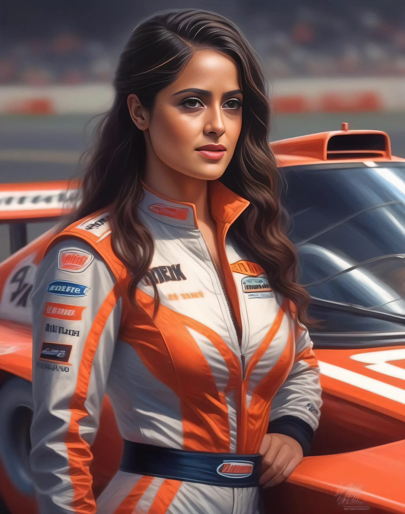 ShaileneWoodley,<lora:ShaileneWoodleySDXL:1> perfect anime illustration, 1girl, braided hair, medium hair, medium breasts, sidehair, racecar driver, ((firesuit, race track, car)), nascar, f1, indycar, (outdoors, speedway, track), standing next to a racing vehicle, hand on hip, good posture, looking at viewer. created by Artgerm, volumetric lighting, 8k, hdr, holga, 300mm lens f3. 5, aesthetic, unsharpened