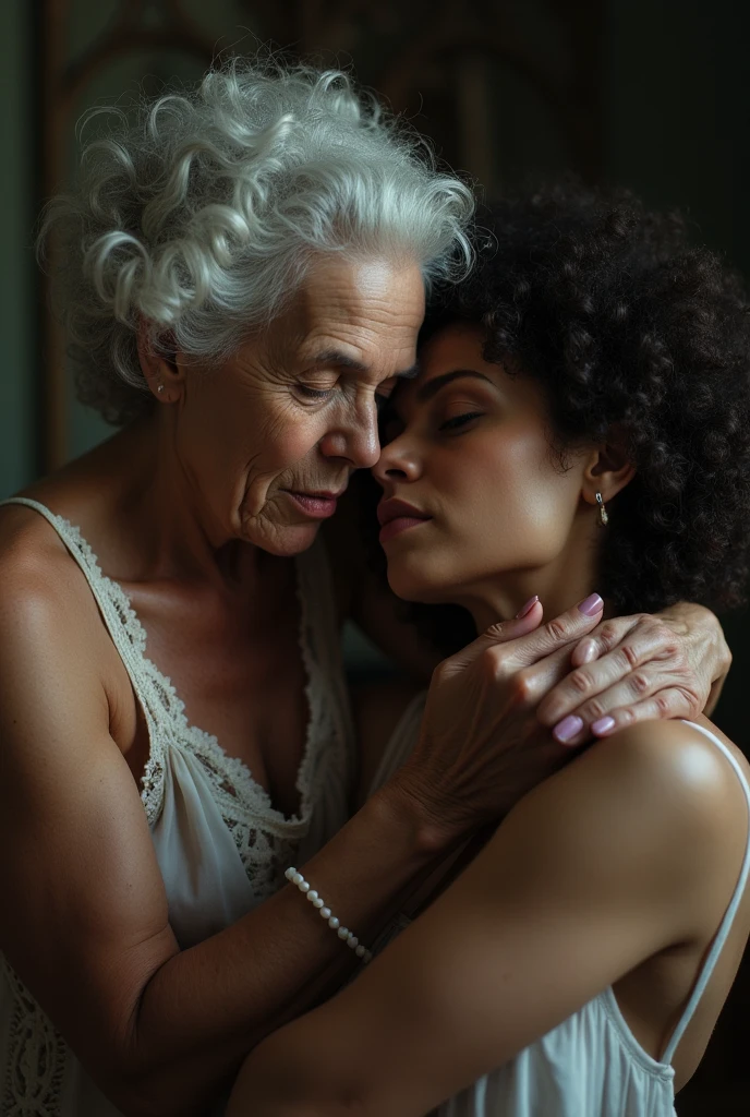 Create a realistic image of a young woman, with a slender body, com 25 anos de idade, white-skinned, long hair and natural red,  who is completely naked, is sitting on the lap of a 90 year old elderly lady, obese, dark black skinned, who is wearing a floral dress and glasses.