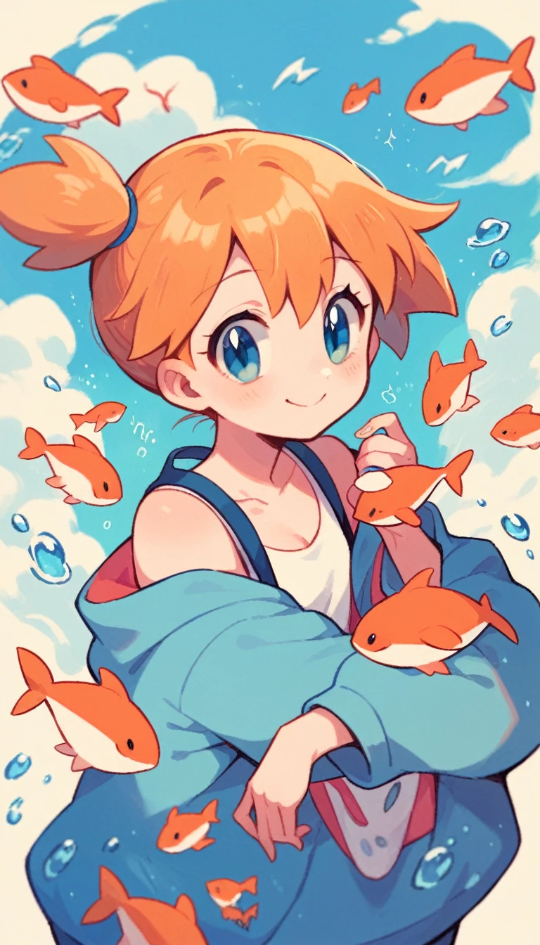 Character pokemon, 1 girl , Misty , cute ,blue , daydreaming, dolphins, whales, fish swimming over your head , smile , colorful 