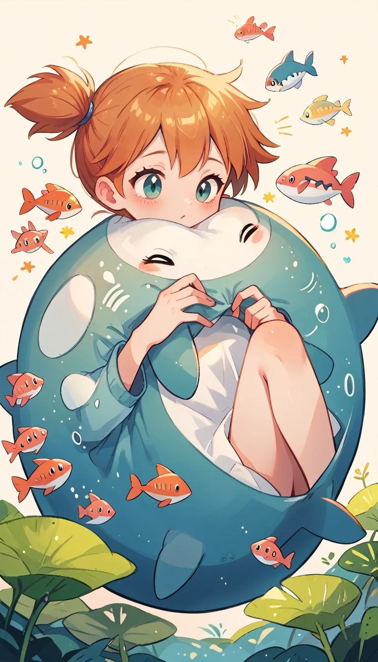 Character pokemon, 1 girl , Misty , cute ,blue , daydreaming, dolphins, whales, fish swimming over your head