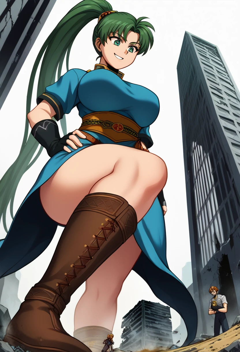 8K, ultra-detailed, detailed face, detailed eyes, retro anime style, cartoon style, front view, ground view, dynamic effect, dynamic shot, 

athletic curvy physique, inverted body type, attractive feminine curves, big breasts, curvy legs and arms, feminine curvy figure, (thick thighs, thick calves, thick voluptuous legs, big curvy hip, bare knees), ((style of plump voluptuous body)), 

 brown over-the-calf boots, brown elbow length gloves,
green high ponytail hair, green eyes, 

1 beautiful giant woman, looking down with evil smile, smirk, (elegantly walking on road between buildings, chasing small people around his steps, looking down people around his foot, put hand on hip, crossed legs, size difference), rampage, corrupted city, destroyed buildings, corrupted buildings, rolling rubble dust up, her foot crushing mini people on the ground, crushed mini people under her foot, scattered rubble around her feet, towering, overwhelming, terrible, stepping, footprints, destruction, ruins, with tiny people, 

giga size, defLyn, green hair, high ponytail, blue dress, short sleeves, sash, side slit, fingerless gloves
