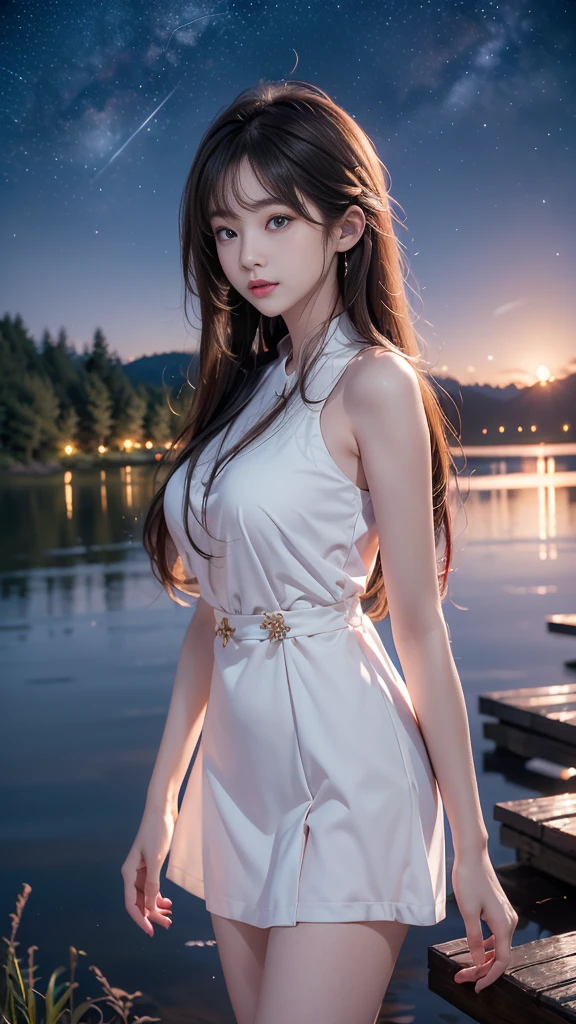 (masterpiece, highest quality), 1 girl(athena_Asamiya), cute dress, long black hair, sitting, Beautiful outdoor background, night, forest