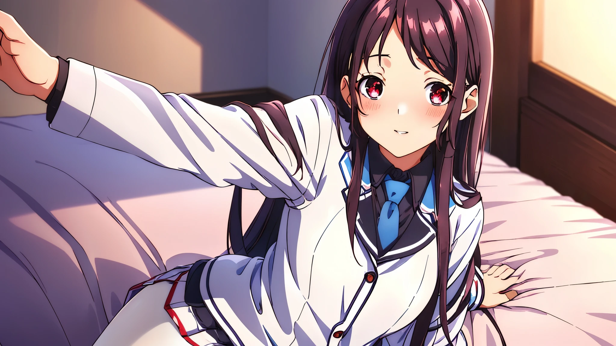 Show your armpits,Kaori Hojo, girl, (masterpiece: 1.1), (highest quality: 1.1), red eyes, long hair, midium_breasts:1.1, cute smile, (upturned eyes, blush:1.2), parted lips,((school uniform), jacket, sleeve, tie, white skirt),  (pantyhose), bed room, ((bed on side:1.2)), (close-up:1.2), gravure,