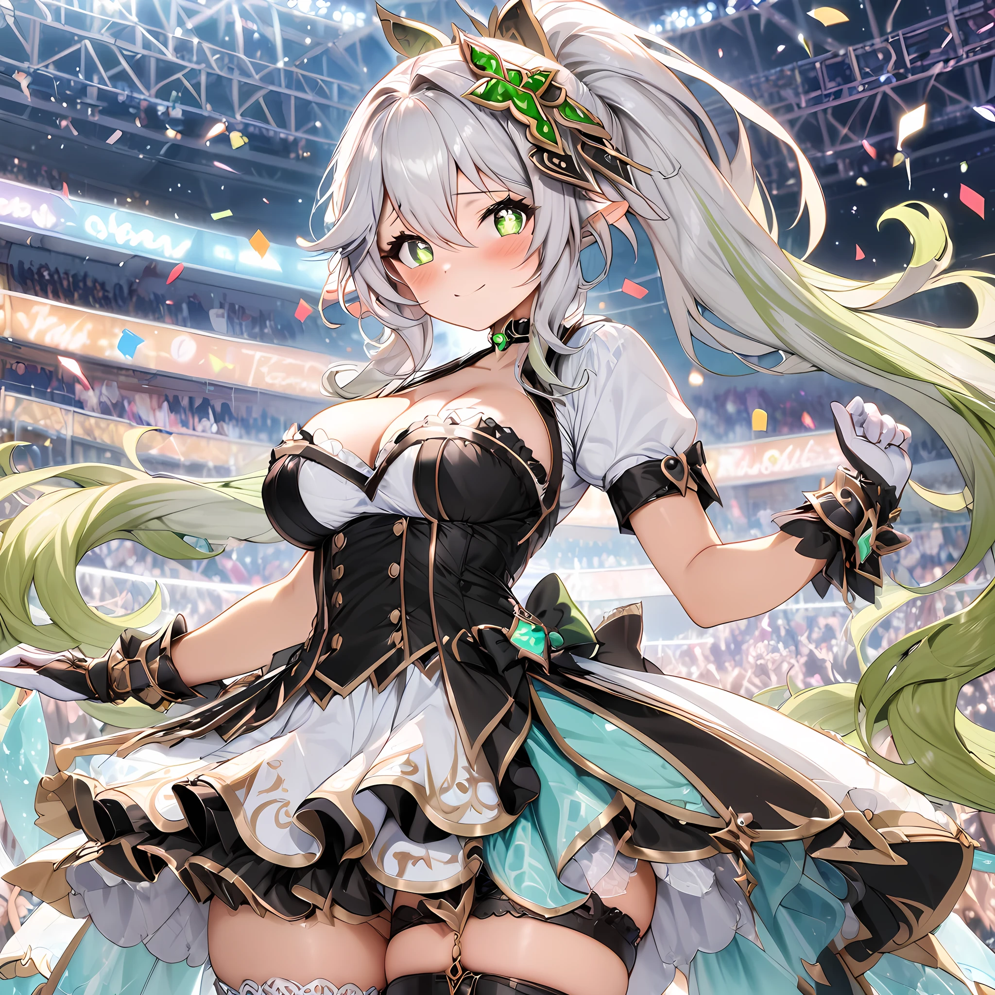 (masterpiece), best quality, expressive eyes, perfect face,1girl,nahida,genshin impact,idol,idol dress,idol costume,big breasts,cleavage,elegnat dress,showgirl skirt,curvy,long detached gloves,thigh high stockings,thigh strap,heel boots,blush,shy smile,cowboy shot,indoors,crowd,stage,confetti,posing to the camera,long hair,ponytail,heart choker,spoken heart