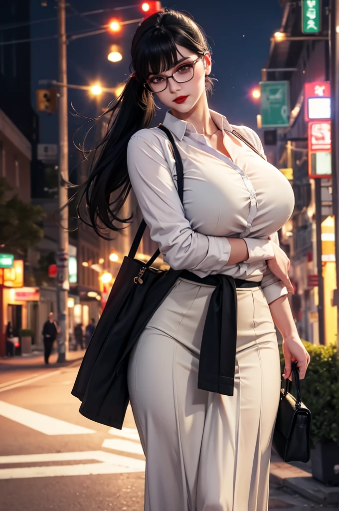 (masterpiece, best quality, photorealistic, cinematic), 1 girl, (Japanese girl), (wide shot, from the front), (bursting breasts, large cleavage, plumpy and glossy breasts:1.2), (chest nut brown hair, side-swept waves hairstyle), (blue eyes, detailed pupils, nude lips, fluffy lips), long round legs, solo, walking, (wearing blazers, dress pants), dynamic brushstrokes, fluid movement, using light colors and soft tones to create a dreamy and ethereal atmosphere, portraying the motion and grace of walking, (showing the wind blowing her hair and clothes), and the scenery of her surroundings. outdoors, detailed background, office buildings,