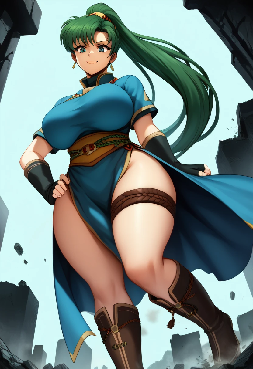 8K, ultra-detailed, detailed face, detailed eyes, retro anime style, cartoon style, front view, dynamic effect, dynamic shot, full body, 

athletic curvy physique, inverted body type, attractive feminine curves, big breasts, curvy legs and arms, feminine curvy figure, (thick thighs, thick calves, thick voluptuous legs, big curvy hip, bare knees), ((style of plump voluptuous body)), 

 brown over-the-calf boots, brown elbow length gloves,
green high ponytail hair, green eyes, 

1 beautiful giant woman, looking down with evil smile, smirk, (elegantly walking on road between buildings, chasing tiny people around his steps, looking down people around his foot, put one hand on hip, holding long rapier in another hand, crossing legs, size difference), rampage, corrupted city, destroyed buildings, corrupted buildings, rolling rubble dust up, her foot crushing mini people on the ground, crushed mini people under her foot, scattered rubble around her feet, towering, overwhelming, terrible, stepping, footprints, destruction, ruins, with tiny people, GTS, 

giga size, defLyn, green hair, high ponytail, blue dress, short sleeves, sash, side slit, fingerless gloves
