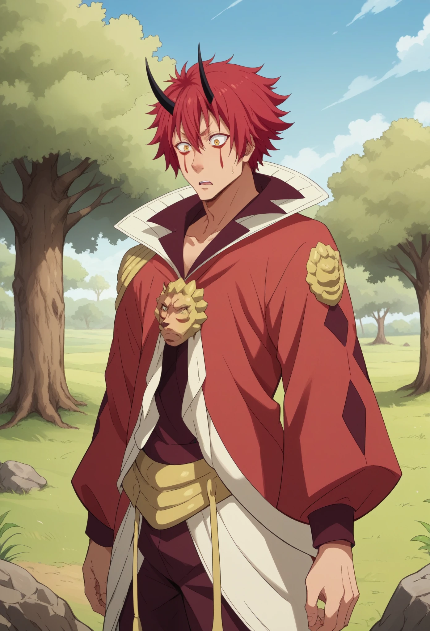 score_9, score_8_up, score_7_up, 1boy, solo, benimaru_tensura, red hair, yellow eyes, hair between eyes, horns, oni horns, facial mark, red jacket, opened jacket, standing, surprised, shaking, cowboy shot, looking down, fantasy field, trees, rocks,