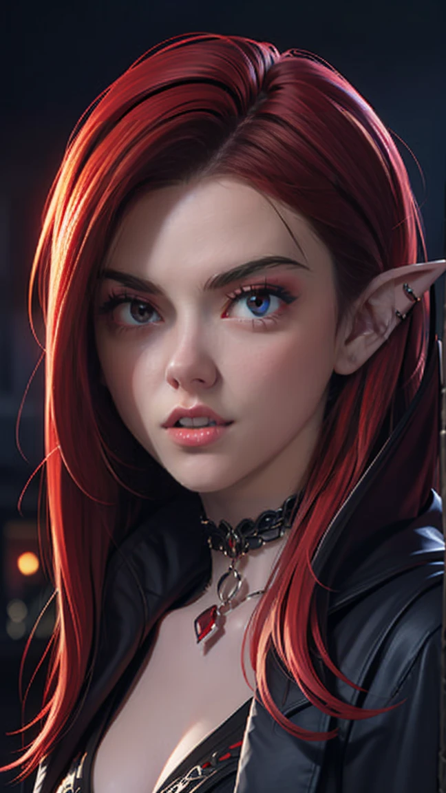 In the form of a digital drawing, a vampire with red hair and white streaks, RPG A striking close-up portrait of a fantasy character with asymmetrical hair, featuring vibrant red and white strands. The character has pointed ears and piercing red eyes, exuding a mysterious allure. They wear an elegant, high-collared black coat with red accents, adorned with ornate jewelry, including a choker with a large red gemstone. The background hints at an ethereal, gothic environment with grand archways and soft light filtering through, enhancing the dramatic atmosphere.