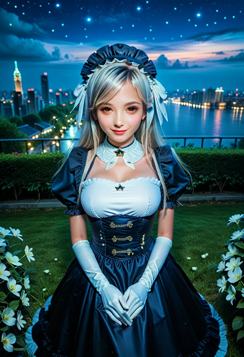 ,detailed face, beautiful face,1girl, solo, b1ackl1l1th_mad, 1girl, solo, gloves, dress, flower, maid headdress, maid dress, , outside,city,midnight,cloudy,(starry night:1.1),lights,cherry_blossoms,flowers, grass, plants,summer season,,,looking at viewer, standing, from above,,v-shaped eyebrows, light smile, 15 years