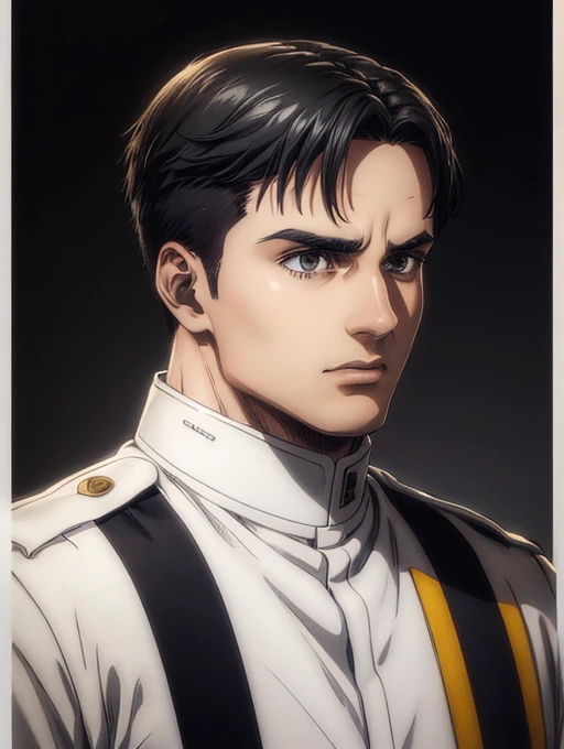 1 man, military hair black, gray eyes, White military uniform, quartel general, high resolution, Masterpiece artwork, super detaill, 