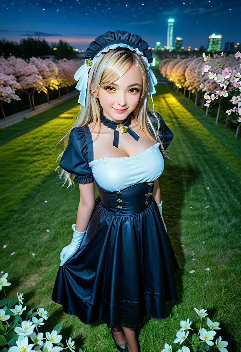 ,detailed face, beautiful face,1girl, solo, b1ackl1l1th_mad, 1girl, solo, yellow eyes, gloves, dress, flower, maid headdress, maid dress, , outside,city,midnight,cloudy,(starry night:1.1),lights,cherry_blossoms,flowers, grass, plants,summer season,,,looking at viewer, standing, from above,,v-shaped eyebrows, light smile, 15 years