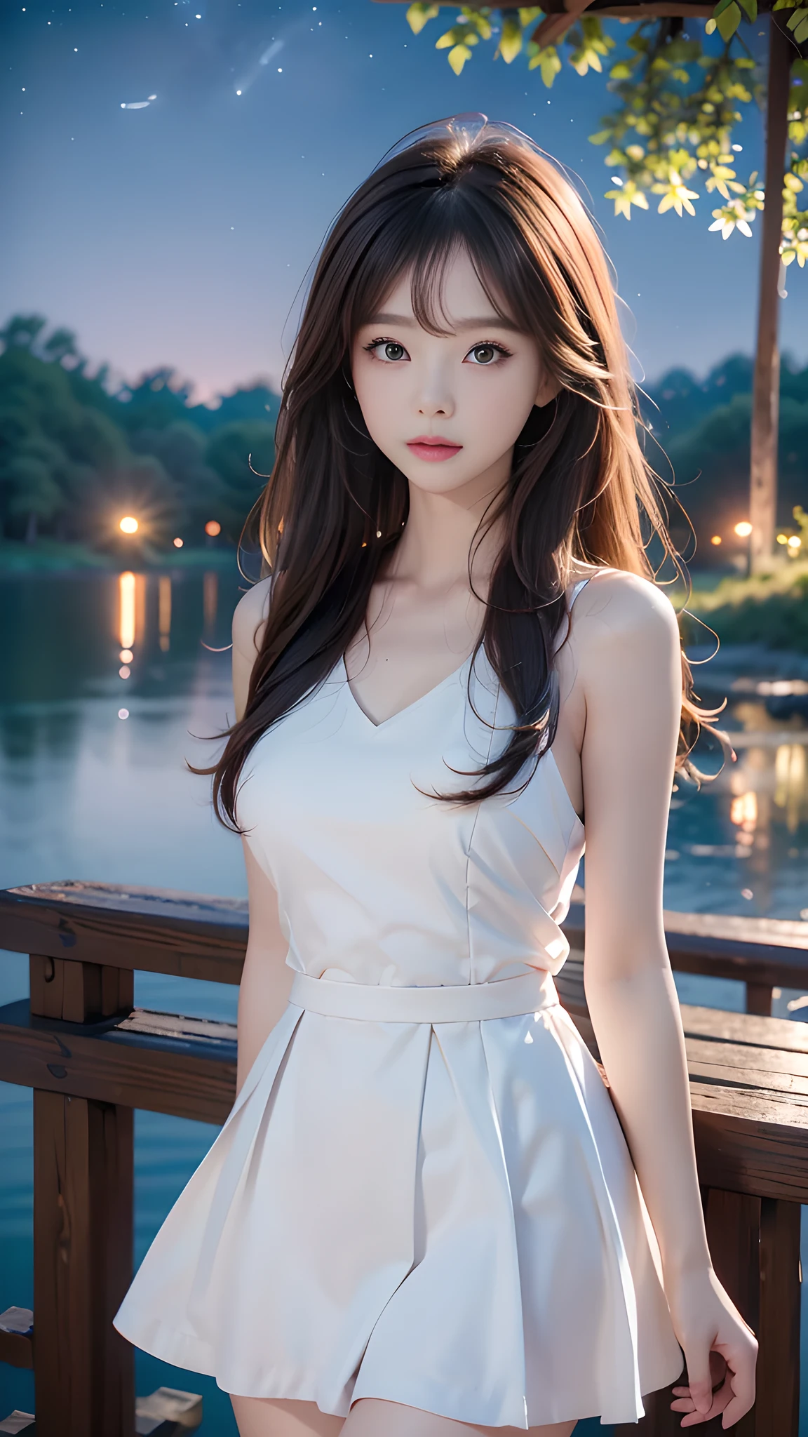 ulzzang-6500-v1.1, (RAW photo: 1.2), (Real photo), (Real photo: 1.4), 1 girl、Perfect anatomy、1、Looking at the camera、Medium length hair、sexy white dress, white skirt, beside a vast lake in the middle of a wild forest, ((under the night sky with stars: 1.1))、 (Business service)、Asian eyes Ella,