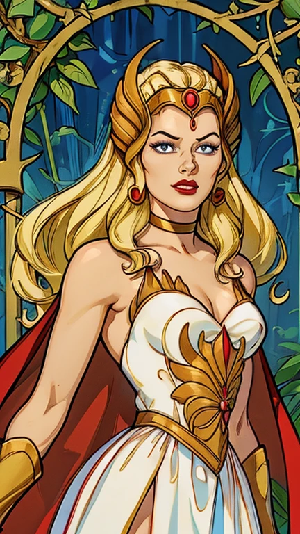 (1girl, She-ra), (extremely detailed CG unit 8k wallpaper),(master part), (best quality), (ultra detail), (best illustration),(Tsukasa hojo Style), cowboy shot, (Sharp eyeliner, ombre, detailed eyes:1), vines, jungle ArsMJStyle, Art Nouveau, break , upper body, long hair, blonde hair, blue eyes, tiara, white dress, choker, red cape, makeup, lipstick, 
breasts, medium breasts, bracer, wristband,
looking at viewer, 