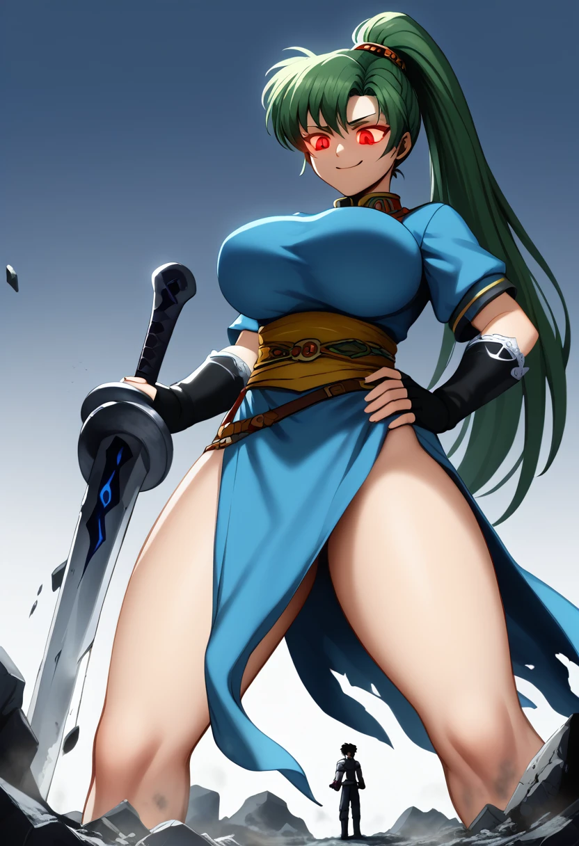 8K, ultra-detailed, detailed face, detailed eyes, retro anime style, cartoon style, front view, dynamic effect, dynamic shot, full body, 

athletic curvy physique, inverted body type, attractive feminine curves, big breasts, curvy legs and arms, feminine curvy figure, (thick thighs, thick calves, thick voluptuous legs, big curvy hip, bare knees), ((style of plump voluptuous body)), 

 brown over-the-calf boots, long lace boots, brown elbow length gloves,
green high ponytail hair, red glowing eyes, 

1 beautiful giant woman, looking down with evil smile, smirk, (elegantly walking on road between buildings, chasing tiny people around his steps, looking down people around his foot, put one hand on hip, holding long sword in another hand, crossing legs, size difference), rampage, corrupted city, destroyed buildings, corrupted buildings, rolling rubble dust up, her foot crushing mini people on the ground, crushed mini people under her foot, scattered rubble around her feet, towering, overwhelming, terrible, stepping, footprints, destruction, ruins, with tiny people, GTS, 

giga size, defLyn, green hair, high ponytail, blue dress, short sleeves, sash, side slit, fingerless gloves
