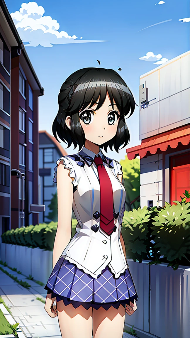 An absurd solution, High resolution, (masterpiece:1.4), ((Giant Breasted)), Super detailed, One girl, Brown eyes, Long black hair，Wear a police uniform and a short skirt, City streets,Sexy posture, The camera is close to the body