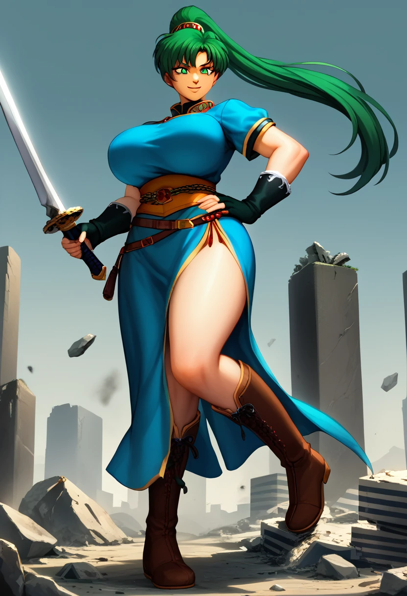 8K, ultra-detailed, detailed face, detailed eyes, retro anime style, cartoon style, front view, dynamic effect, dynamic shot, full body, 

athletic curvy physique, inverted body type, attractive feminine curves, big breasts, curvy legs and arms, feminine curvy figure, (thick thighs, thick calves, thick voluptuous legs, big curvy hip, bare knees), ((style of plump voluptuous body)), 

 brown over-the-calf boots, long lace boots, brown elbow length gloves,
green high ponytail hair, red glowing eyes, 

1 beautiful giant woman, looking down with evil smile, smirk, (elegantly walking on road between buildings, chasing tiny people around his steps, looking down people around his foot, put one hand on hip, holding long sword in another hand, crossing legs, size difference), rampage, corrupted city, destroyed buildings, corrupted buildings, rolling rubble dust up, her foot crushing mini people on the ground, crushed mini people under her foot, scattered rubble around her feet, towering, overwhelming, terrible, stepping, footprints, destruction, ruins, with tiny people, GTS, elegant pose, 

giga size, defLyn, green hair, high ponytail, blue dress, short sleeves, sash, side slit, fingerless gloves
