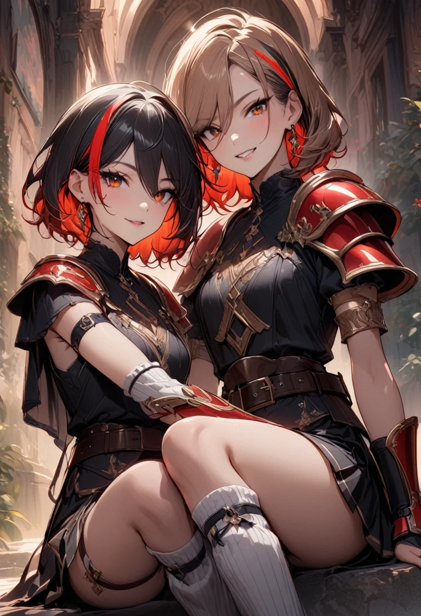 (masterpiece),(best quality),(ultra-detailed),(best illustration),(best shadow),(absurdres),(detailed background),(very aesthetic), score_9, score_8_up, 1girl, solo, ((orange-hair)), multicolored-hair, smile, black-armor, sandals, grin, short-hair, thigh-strap, two-tone-hair, simple-background, streaked-hair, belt, ((red-hair)), orange-eyes, skirt, red-eyes, looking-at-viewer, vambraces, bracer, jewelry, toeless-footwear, shoulder-armor, earrings, pauldrons, hair-between-eyes, shoulder-pads, leg-warmers, over-shoulder, armlet
