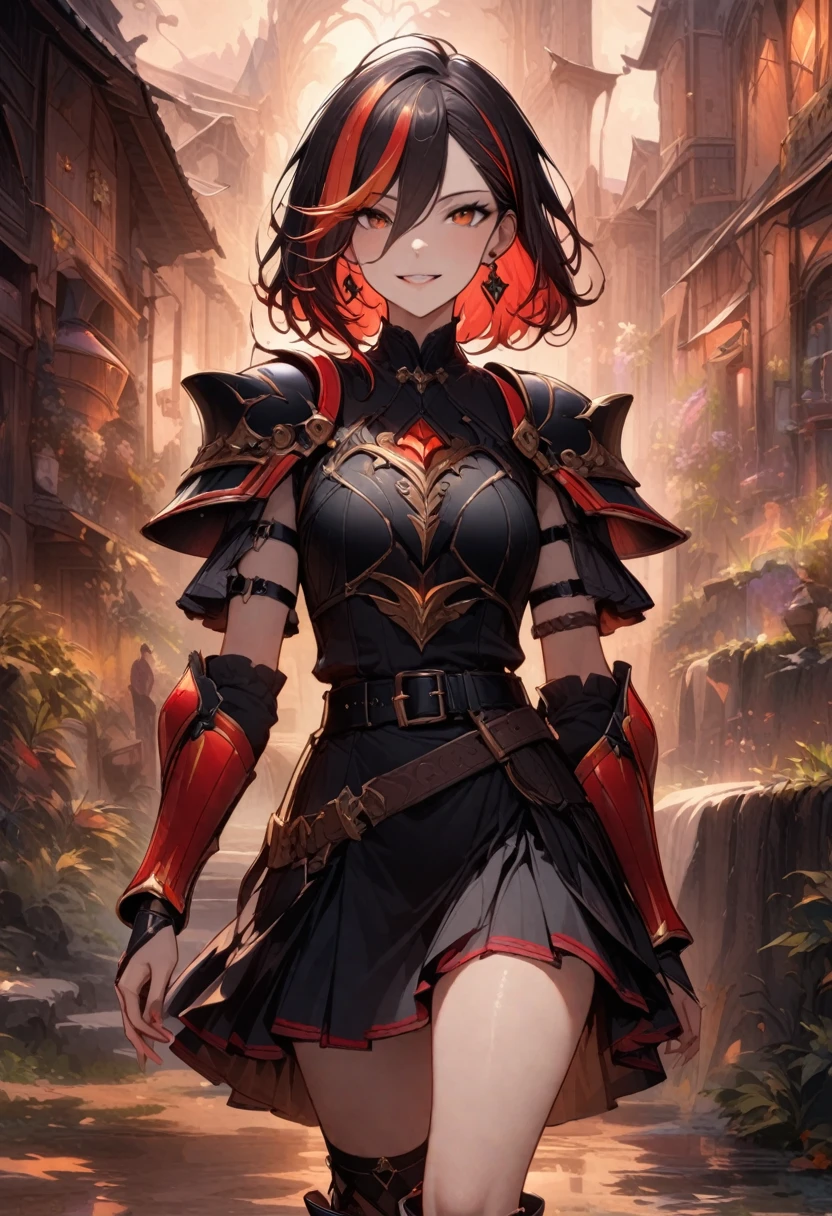 (masterpiece),(best quality),(ultra-detailed),(best illustration),(best shadow),(absurdres),(detailed background),(very aesthetic), score_9, score_8_up, 1girl, solo, ((orange-hair)), multicolored-hair, smile, black-armor, sandals, grin, short-hair, thigh-strap, two-tone-hair, simple-background, streaked-hair, belt, ((red-hair)), orange-eyes, skirt, red-eyes, looking-at-viewer, vambraces, bracer, jewelry, toeless-footwear, shoulder-armor, earrings, pauldrons, hair-between-eyes, shoulder-pads, leg-warmers, over-shoulder, armlet
