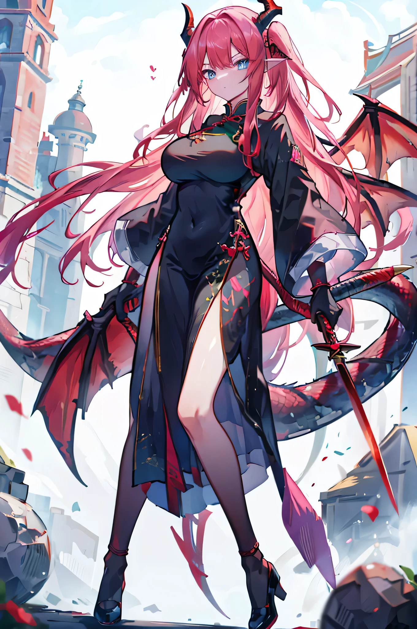 A woman with long pink hair and a sword in a city - SeaArt AI