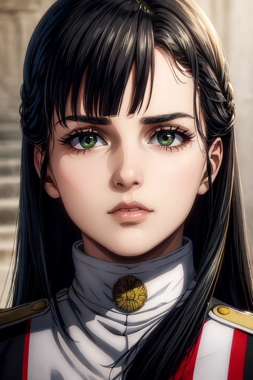 1 woman aged 35, long black hair, greeneyes, neutral expression, White military uniform, marley, liberia, Masterpiece artwork, best qualityer, retina, super detaill, 