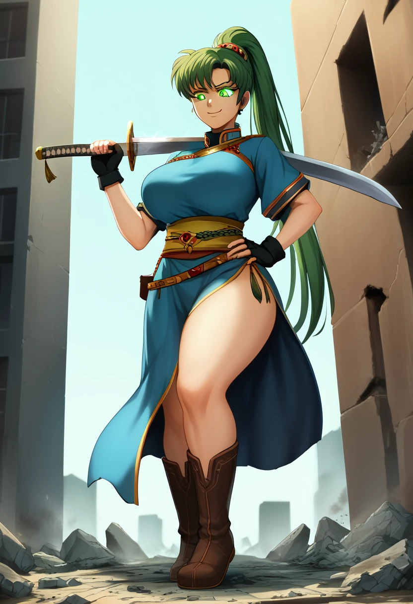 8K, ultra-detailed, detailed face, detailed eyes, retro anime style, cartoon style, front view, dynamic effect, dynamic shot, full body, 

athletic curvy physique, inverted body type, attractive feminine curves, big breasts, curvy legs and arms, feminine curvy figure, (thick thighs, thick calves, thick voluptuous legs, big curvy hip, bare knees), ((style of plump voluptuous body)), 

 brown over-the-calf boots, long lace boots, brown elbow length gloves,
green high ponytail hair, red glowing eyes, 

1 beautiful giant woman, looking down with evil smile, smirk, (elegantly walking on road between buildings, chasing tiny people around his steps, looking down people around his foot, put one hand on hip, holding long sword in another hand, crossing legs, size difference), rampage, corrupted city, destroyed buildings, corrupted buildings, rolling rubble dust up, her foot crushing mini people on the ground, crushed mini people under her foot, scattered rubble around her feet, towering, overwhelming, terrible, stepping, footprints, destruction, ruins, with tiny people, GTS, 

giga size, defLyn, green hair, high ponytail, blue dress, short sleeves, sash, side slit, fingerless gloves
