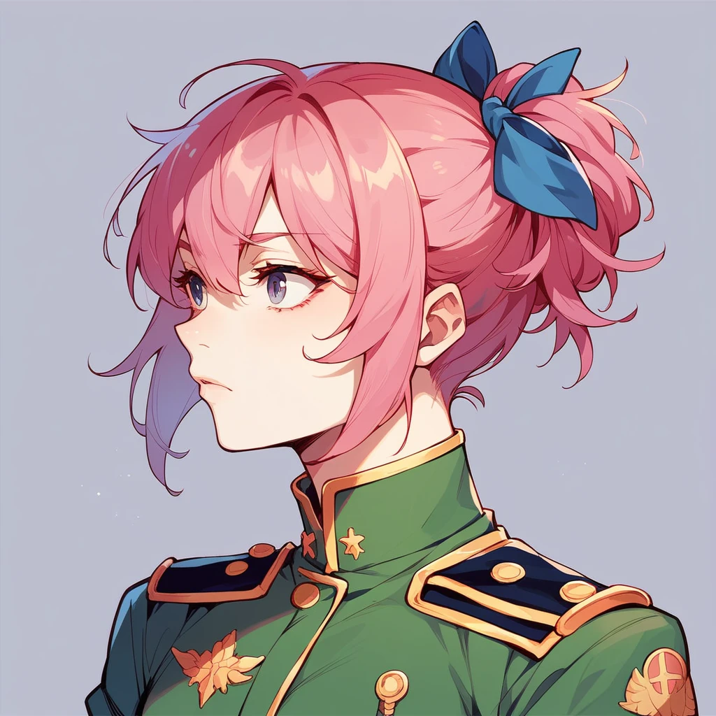 military outfit, white and red color scheme, futuristicdetails short pink hair with hair bow, dynamic confident pose, looking forward, smooth fair skin