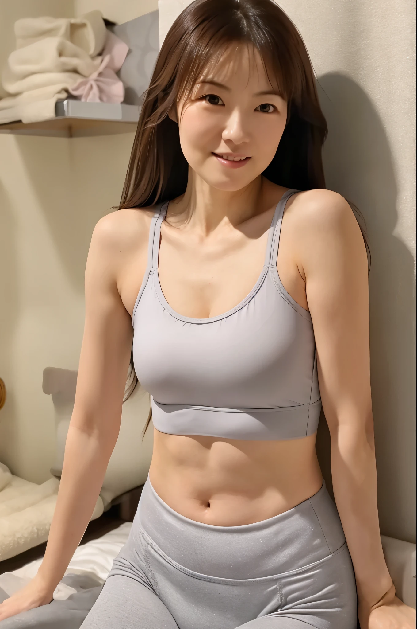 A photo from head to knee, ((masterpiece)), photogravure, ((Highest quality)), high reality, high resolution, Advanced Depth of Field, Realistic lighting, a skinny Japanese woman, 40 years old, Delicate features, Realistic background and accessories, small breasts, round ass, nipples standing up, sports gym, wearing a white sports bra that accentuates the roundness and softness of breasts, and tight grey leggings, charming smile, right smile, sexy lips, detailed face, detailed eyes, slight gap between legs, Stand leaning against the wall,