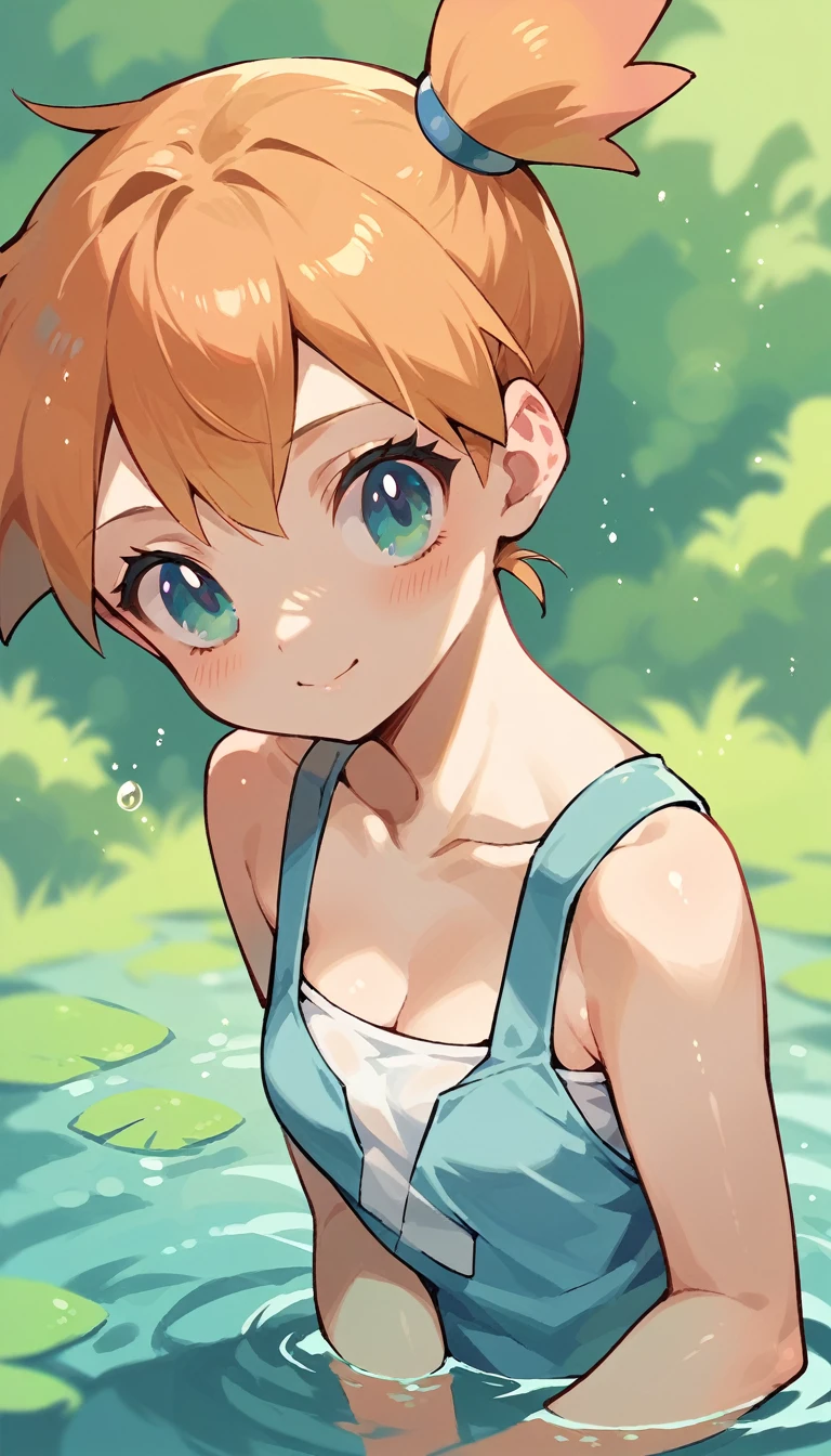 Character pokemon, 1 girl , Misty , cute ,blue , pokemon seel swimming over your head, cute expression, 