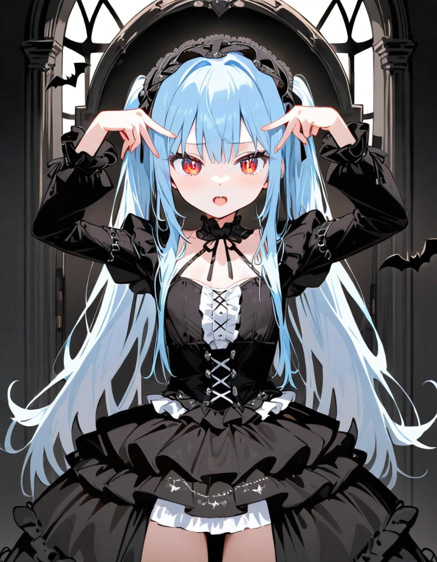 (masterpiece, best quality, extremely detailed, absurdres)),, masterpiece, best quality, extremely detailed, (((((light blue long hair))))), long hair cute anime faces, detailed light, parted lips, shiny, beautiful detailed face, long hair, ((((light blue long hair))), ,, 1 girl, solo, flat chest, 1girl, red eyes, twintails, very large ribbon in hair, BREAK, monochrome, grayscale,Cute vampire, Fangs, Open mouth, Gothic room, break, Gothic moe dress with long sleeves, very elaborate dress with many ruffles and lace, Long skirt with multiple layers of skirts of different lengths, Lace headdress with black bat motif,(((tareme,shy)))
