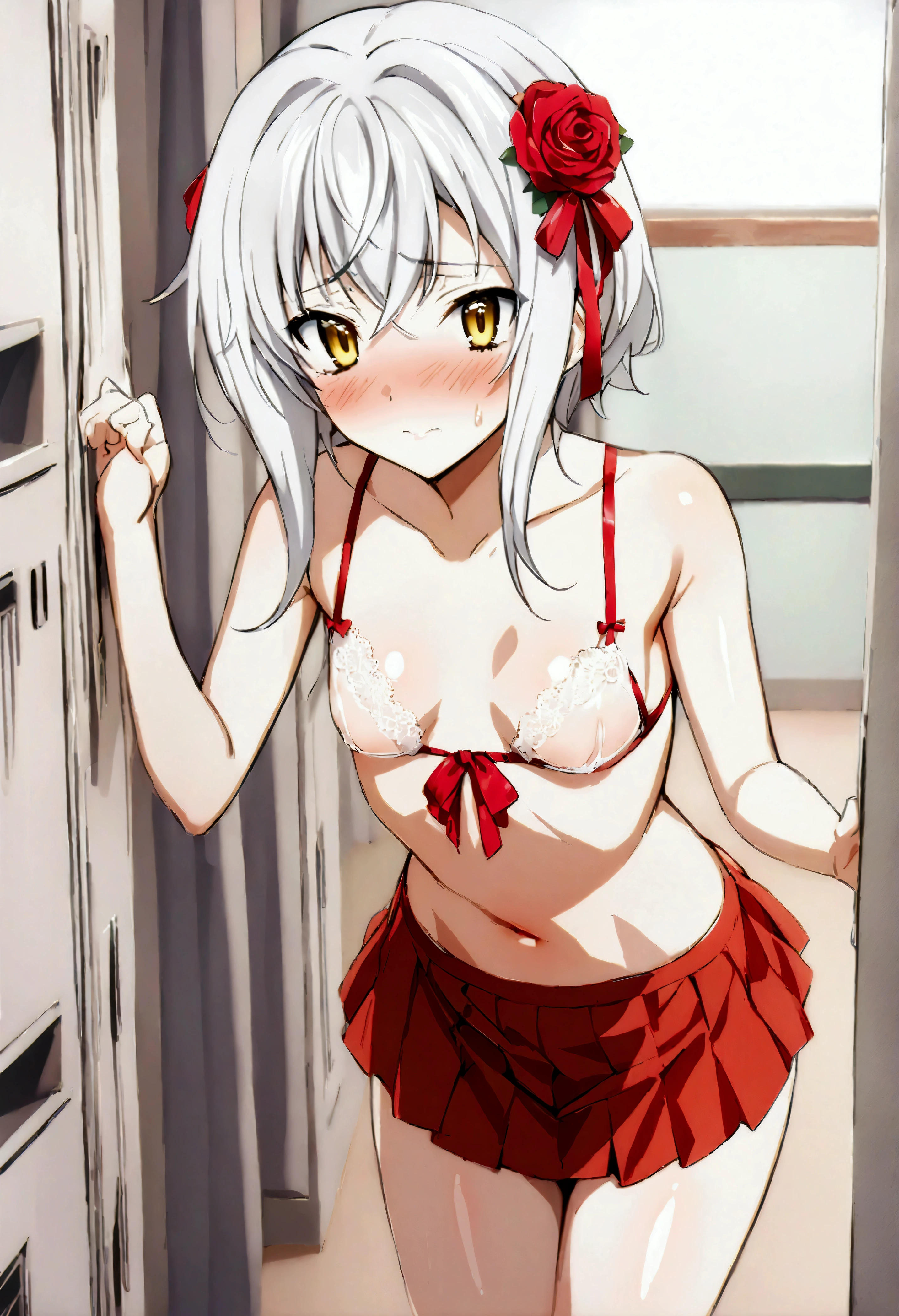 indoor,((hospital)),hospitalのベッド,Looking down from above,face focus, Green Eyes, Grey Hair, hair ornaments, bangs, Virtual YouTuber, Shine, blunt bangs, Double Bang, Animal ears, Flat Chest,Pink nurse uniform,Nurse hat,blush, ,, smile, orgasm,in heat,Are standing,topless,White bra,1boy,faceless male,male hands,{{{male hand on  her breasts}}}