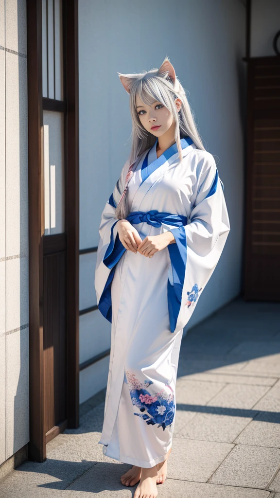 one girl, Breasts, long hair, Colorful hair, Silver hair, Colorful hair, medium length hair, Breasts, Cat ears, Blue eyes, Blue eyes, Minimalism, Futuristic, Japanese traditional clothing, short clothes, short kimono, white colored kimono, standing, standing, kimono, sleepwear