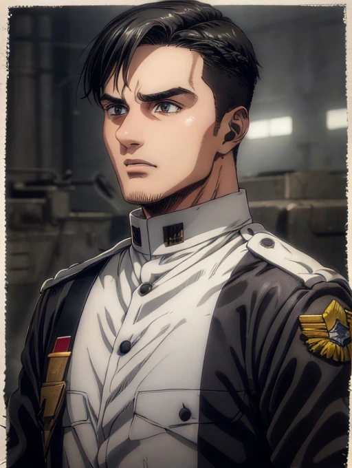 1 man, military hair black, gray eyes, White military uniform, quartel general, high resolution, Masterpiece artwork, super detaill, 