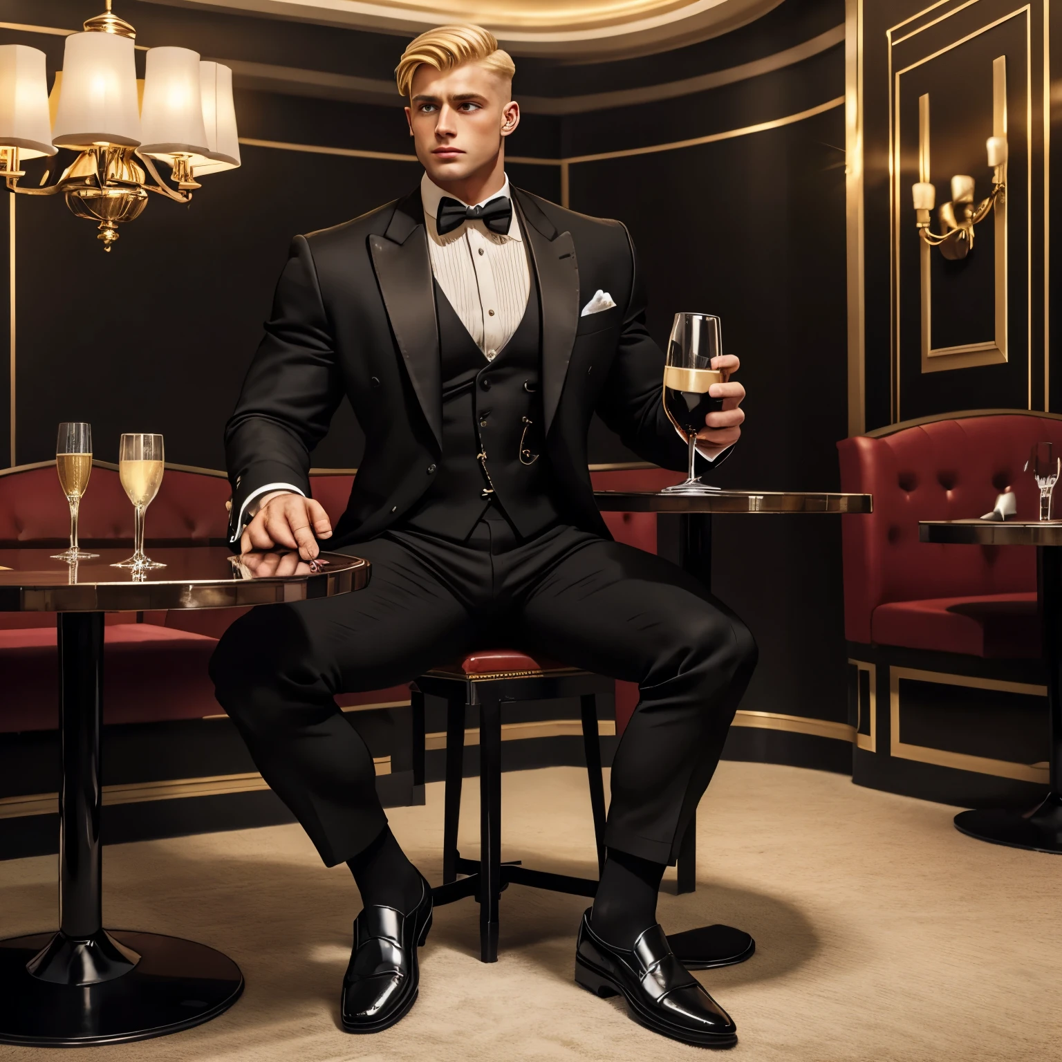 full view of a young wealthy arrogant white europan businessman with blond clean preppy haircut, rich, dapper suit, black tassel loafers, black sheer socks, dapper bag, lots of rings and jewelery, arrogantly bawling and yelling at a waiter bringing him his cup of Champagne to his table, chic nightclub? His loafers and blck sheer socks must be seen