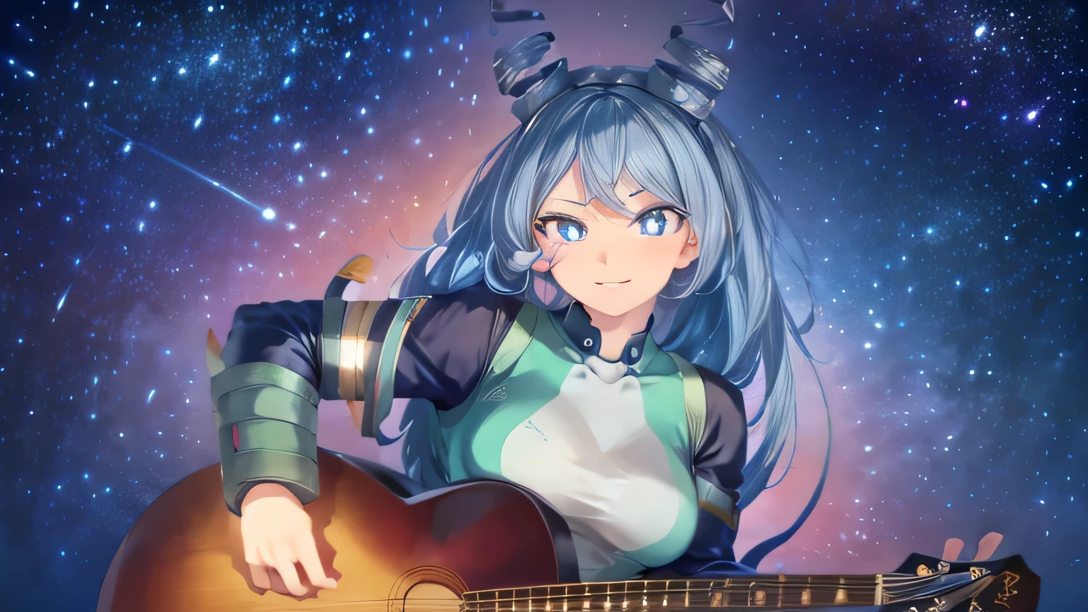 nejirehadou, nejire hadou, blue eyes, blue hair, long hair, Blue Body suit , drill hair, white tradicional Body suit, BREAK looking at viewer, full body, BREAK indoors, in The Air, BREAK (masterpiece:1.2), best quality, high resolution, unity 8k wallpaper, (illustration:0.8), (beautiful detailed eyes:1.6), extremely detailed face, perfect lighting, extremely detailed CG, (perfect hands, perfect anatomy), electric guitar, guitar, headphones, holding, holding plectrum, instrument, long hair, music, one side up,  playing guiter, mad smile, Stylish pose, space background, Crazy smile