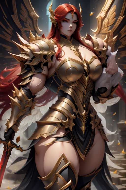 (((Close-up))), tall, (red hair) beautiful muscular asian female Paladin, long hair, pale white skinned, closed smile, (black lipstick), (massive muscles), (hyper muscle), ((ginormous bulky muscles)), yellow eyes, (giant angel wings), (((red angel paladin knight armored suit))), ((long tiered skirt)), (Paladin gauntlets), necktie, ((holding a giant sword)), armored Paladin boots, (in heaven), 