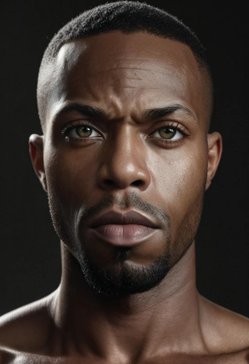 shawt in a realistic portrait of a handsome african american man, beautiful detailed eyes, beautiful detailed lips, extremely detailed face, strong masculine jawline, muscular build, in a white studio, dramatic lighting, cinematic composition, photorealistic, 8k, high resolution, hyperdetailed, masterpiece, best quality