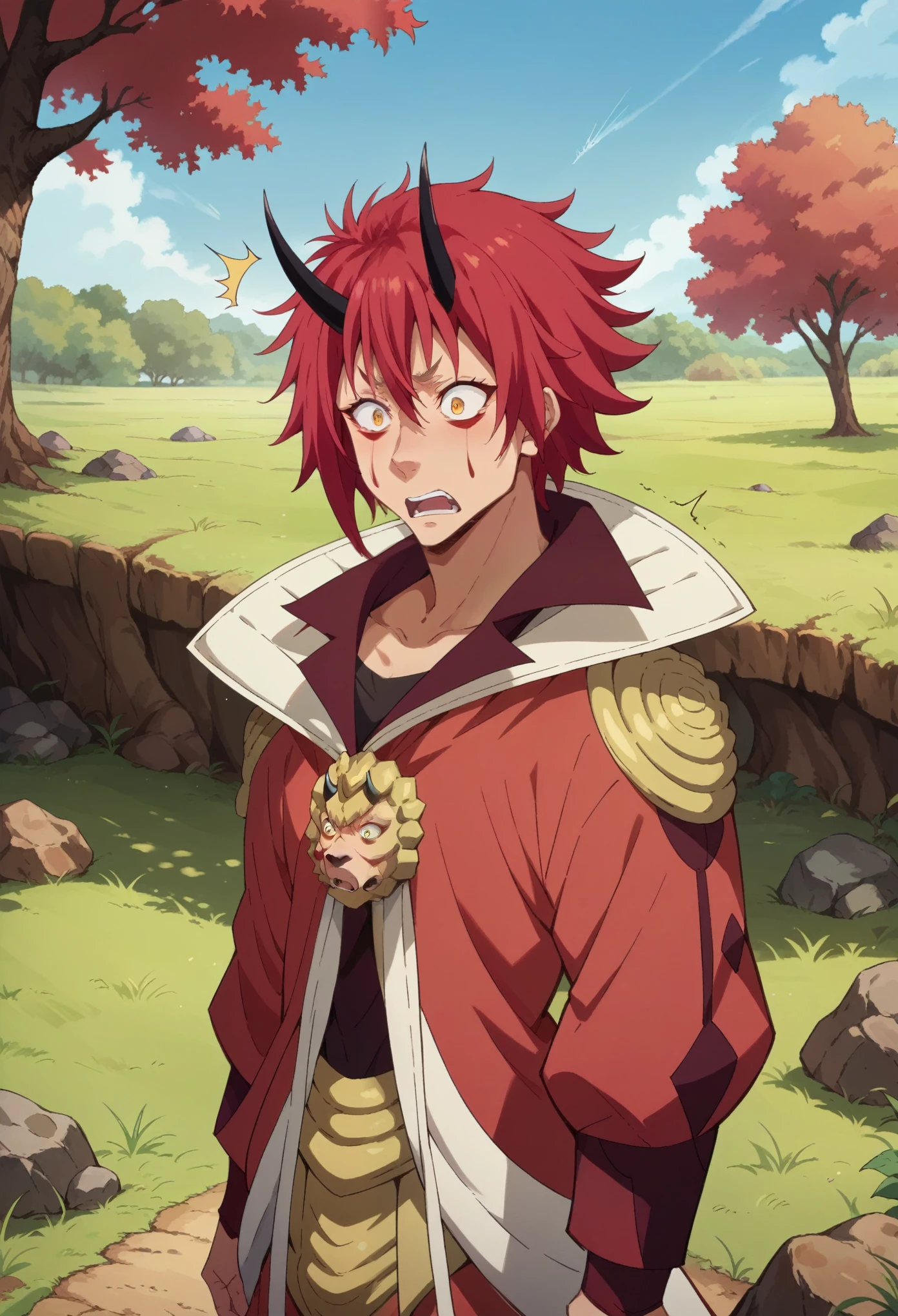 score_9, score_8_up, score_7_up, 1girl, solo, benimaru_tensura, red hair, (medium hair:1.5), yellow eyes, hair between eyes, horns, oni horns, facial mark, red jacket, opened jacket, standing, shocked, shaking, cowboy shot, looking down, fantasy field, trees, rocks,
