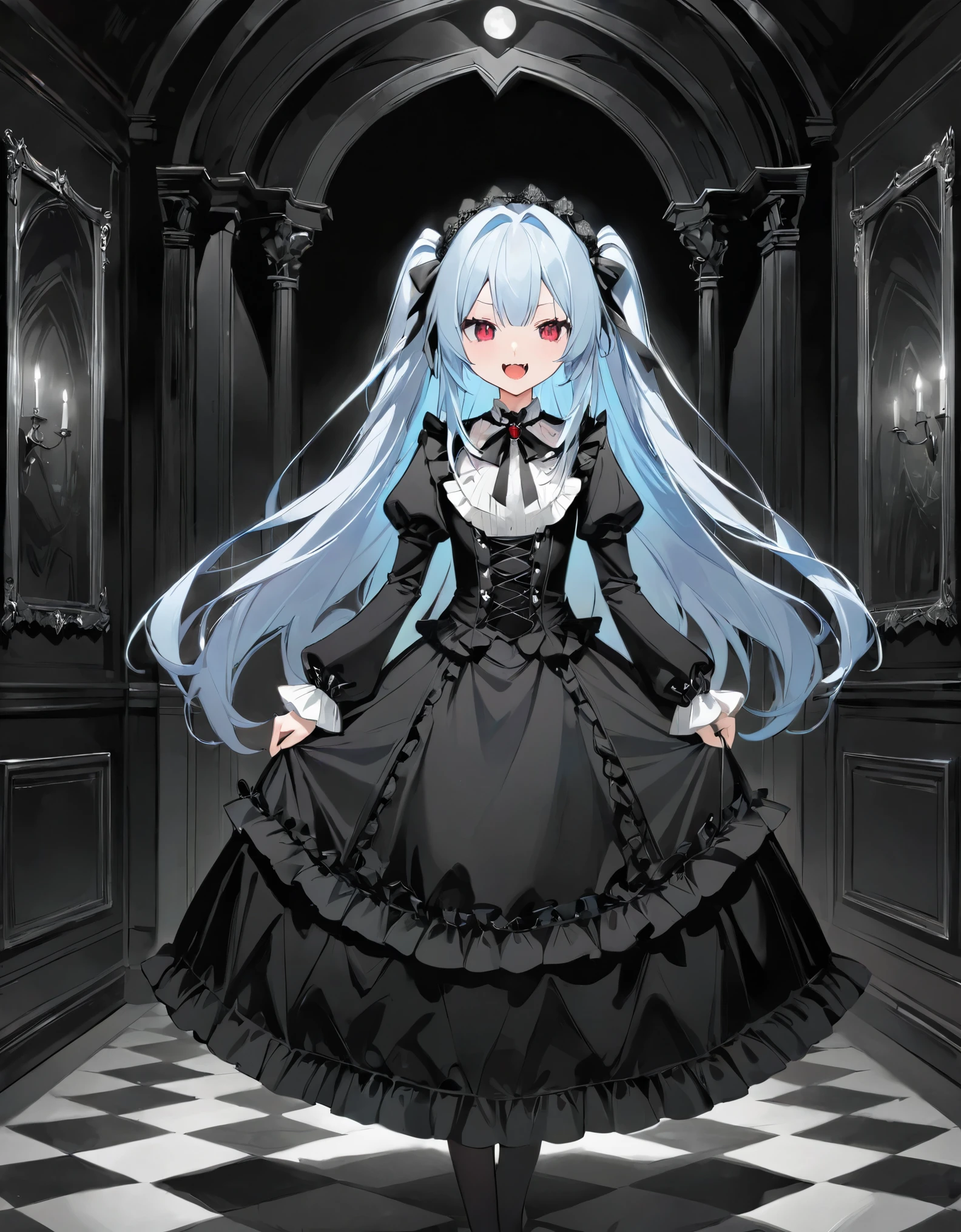 (masterpiece, best quality, extremely detailed, absurdres)),, masterpiece, best quality, extremely detailed, (((((light blue long hair))))), long hair cute anime faces, detailed light, parted lips, shiny, beautiful detailed face, long hair, ((((light blue long hair))), ,, 1 girl, solo, flat chest, 1girl, red eyes, twintails, very large ribbon in hair, BREAK, monochrome, grayscale,Cute vampire, Fangs, Open mouth, Gothic room, break, Gothic moe dress with long sleeves, very elaborate dress with many ruffles and lace, Long skirt with multiple layers of skirts of different lengths, Lace headdress with black bat motif,(((tareme,shy)))
