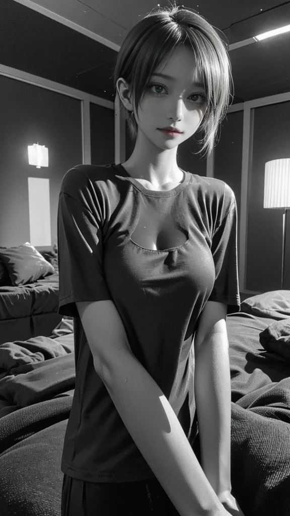 ((top-quality、8K、masterpiece:1.3))、Beautuful Women、1 female、爆乳:1.3、Slender body type:1.1、Toned belly、dark brown hair、(wetting hair、Wet T-shirt:1.1)、Super Detailed Face、Detailed lips、A detailed eye、二重まぶた、on the bed、Emphasis on the chest、White Short Short Denim、Longhaire、Sleeping in bed、Legs wide open、Nasty crotch、odious breasts、bend knee