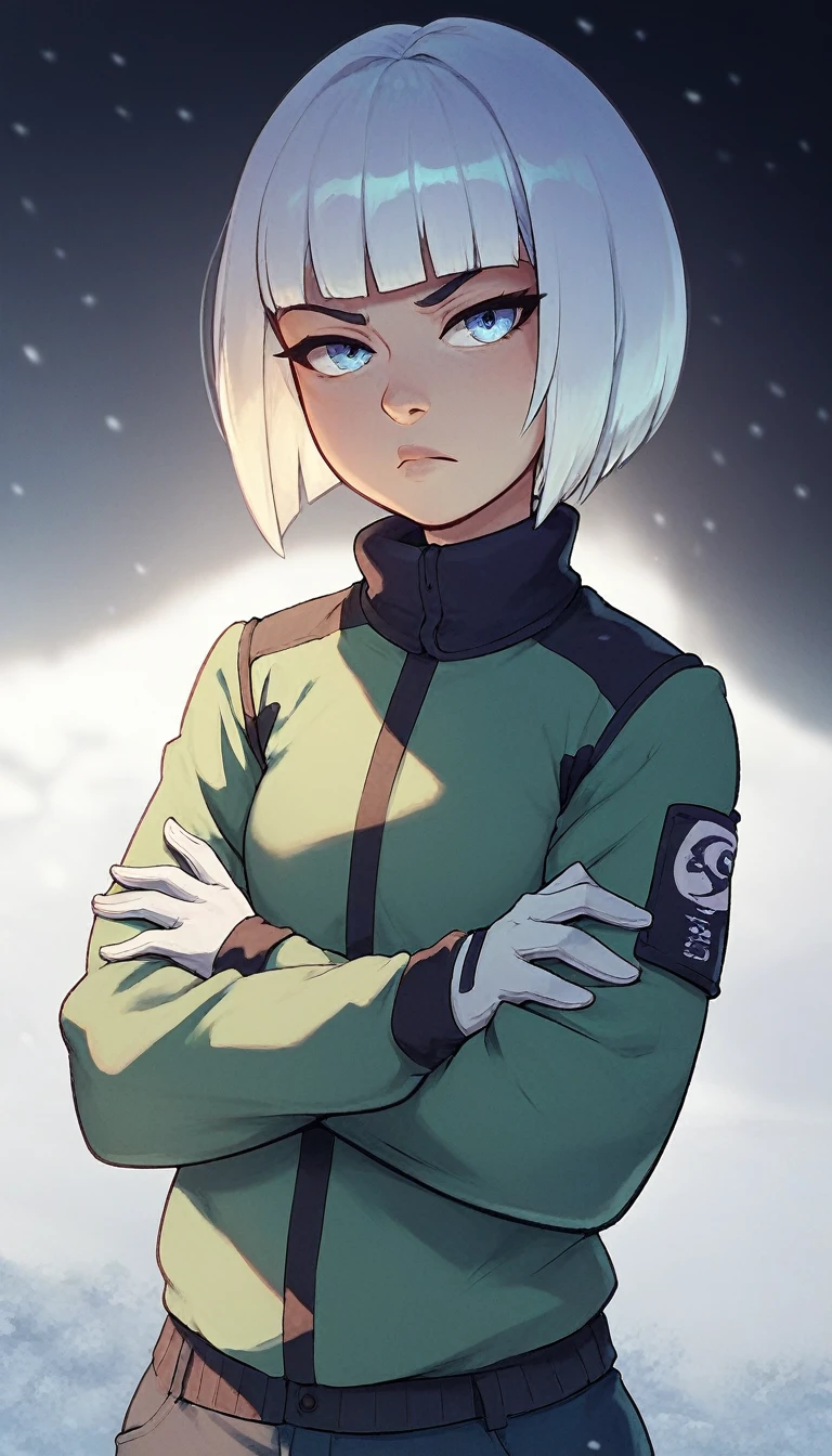 Kizi, chestnut hair, Short hair bob cut, with bangs, purple snow jacket with green sweater inside, hands crossed, Slightly serious expression, eyes large, whitegloves, blue colored eyes, fully body
