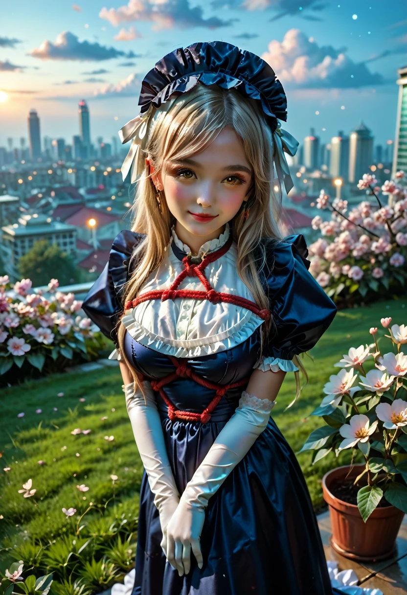 ,detailed face, beautiful face,1girl, solo, yellow eyes, b1ackl1l1th_mad, 1girl, official alternate costume, thighhighs, solo, gloves, high heels, elbow gloves, maid headdress, shibari underneath clothes, maid dress, outside,city,midnight,cloudy,(starry night:1.1),lights,cherry_blossoms,flowers, grass, plants,summer season,,,looking at viewer, standing, from above,,v-shaped eyebrows, light smile, 15 years