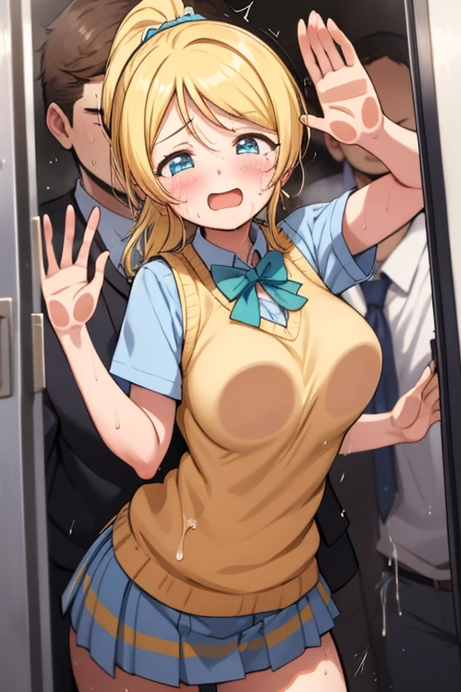 1girl, 1boy, against glass, large breasts, sex from behind, overflow, hands on glass,
breasts on glass, doggystyle, grabbing from behind,eli ayase, yellow hair, blue eyes, ponytail, hair ribbon, otonokizaka school uniform, pleated skirt, school uniform, short sleeves, skirt, summer uniform, sweater vest, (yellow sweater vest:1.0), Crying a lot, Sweaty, orgasm face, cute, penis, cum, panties, train interior, from the front