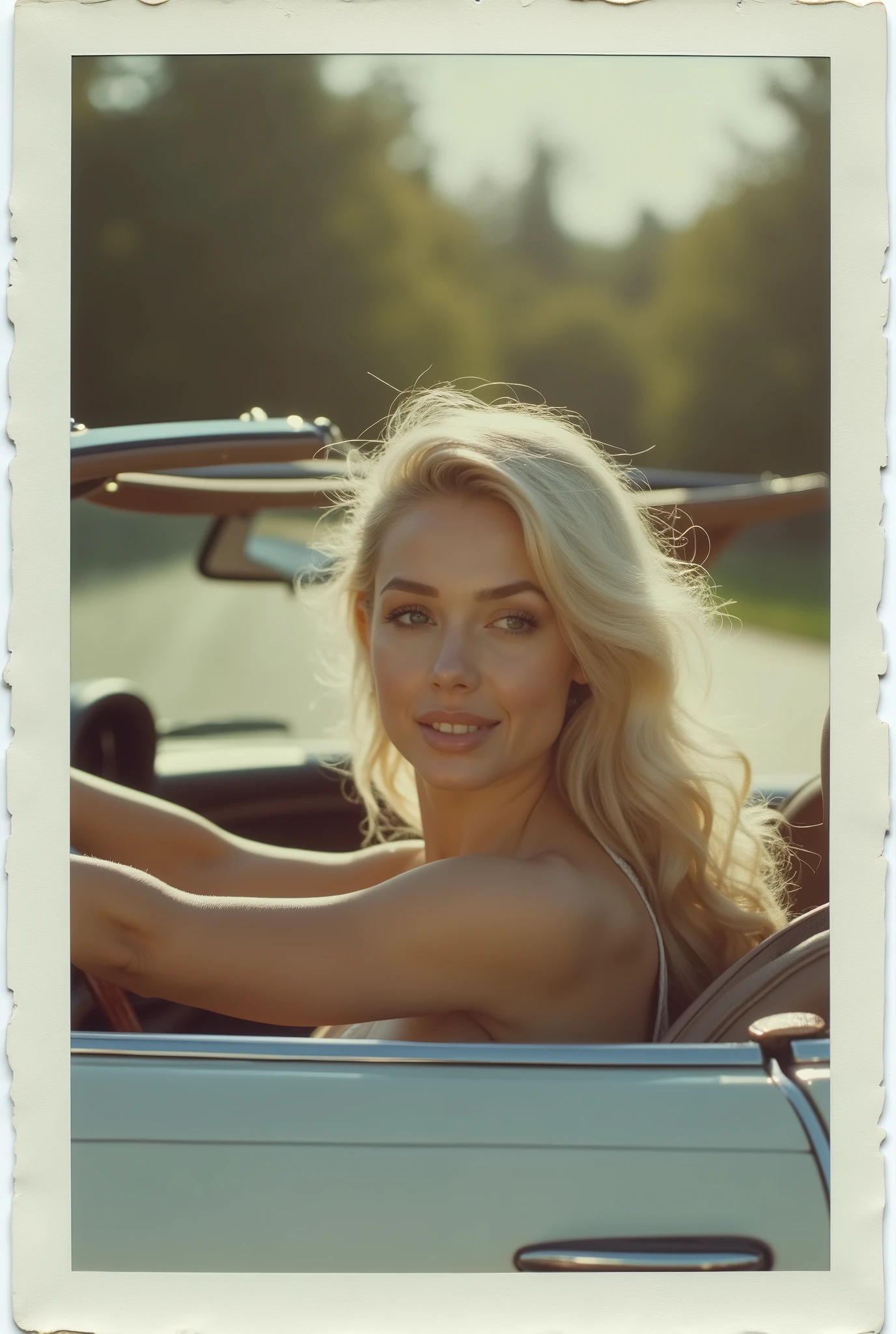A cinematic photograph of a 2 woman with long, beautiful wavy silver-blonde hair. She is wearing a red floral spaghetti strap dress and sitting in a vintage 1961-1969 Lincoln Continental. The car is on a scenic mountain road, surrounded by stunning natural landscapes and beautiful mountains in the background. The lighting is soft and natural, capturing the serene and elegant atmosphere of the scene.