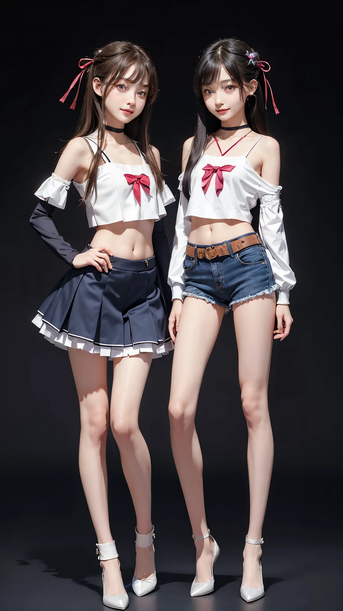 ((((8k))),((Extremely detailed CG)) ,(wallpaper),16k,((Very sophisticated and beautiful))，(((masterpiece))),(((highest quality))),(((超High resolution))),Beautiful lighting,Perfect Lightning,Realistic shadows,[High resolution],(Smooth and perfect white skin:1.5),(Pale skin:1.3),Extremely detailed facial details,(Perfect body:1.1),Super detailed,Beautiful woman,alone,ponytail、(Short Hair:1.5),Exquisite makeup,((Flat Chest:1.5)),(Small waist:1.1),slim,thin,Happy,(smile:1.0),(Thin legs:1.1),(whole body:1.1),(Gaunt:1.1 ), (Skinny:1.1),(Sailor suit:1.4),(((under boob:1.6)))((belly button:1.6)),((Plate skirt,Red short skirt:1.4))((Fleet Collection,Kantai Collection,Yao:1.2)),((Black knee-high socks:1.5)),(((standing, multiple view))),((No bra:1.2))