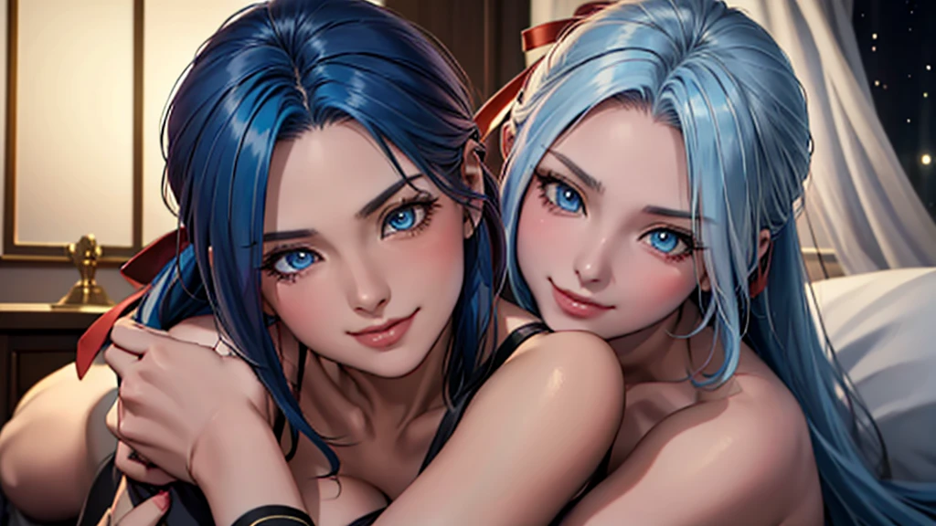 (masterpiece, best quality, beautiful and aesthetic:1.3), Elegant mature woman, 1woman, long hair, light blue hair, (small breast:1.0), red ribbon, blue eyes with slit pupils, sparkle in the eyes, looking at the viewer, small details, detailed face, mysterious night, Pure erotic face ace_V1, in the bedroom, light smile,